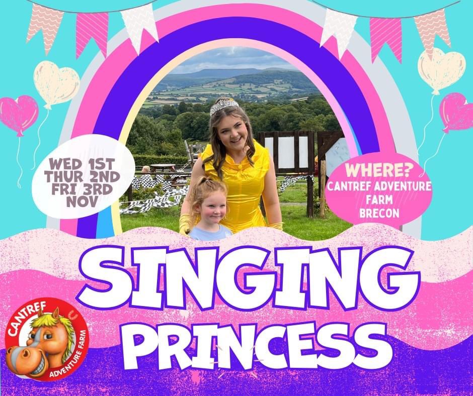 Don't Miss the Enchanting Singing Princess at Cantref Adventure Farm! 

Join us on Wednesday 1st, Thursday 2nd, and Friday 3rd of November for a magical experience you won't want to miss. #octoberhalfterm #daysoutwithkids #familydayout  cantref.com/book/farm-tick…