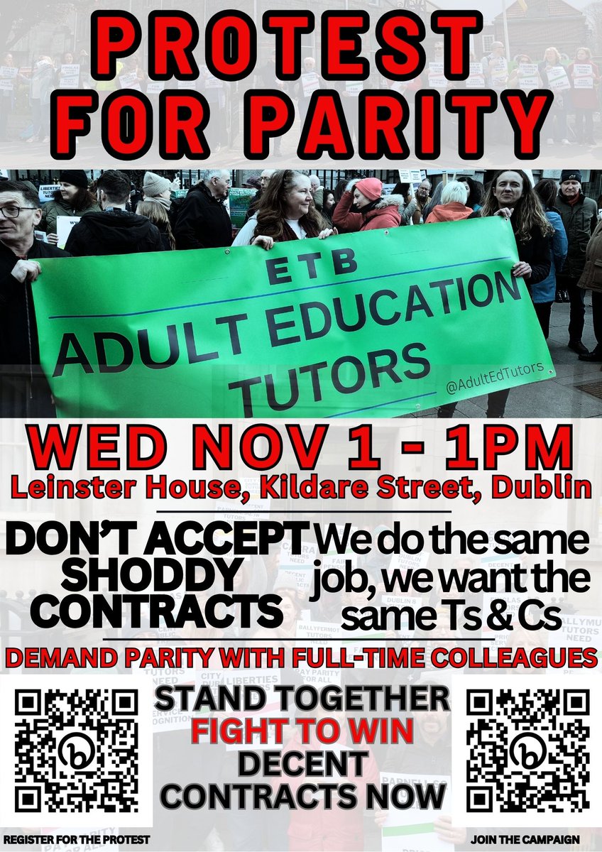AdultEdTutors's tweet photo. Adult Education Tutors Protest for Parity.

Tomorrow 
13.00 - Leinster House  
13.30 - Dept. Further &amp; Higher Ed. (DFHERIS, Stephen's Green)

We do the same work as our permanent FET colleagues, we want the same terms and conditions.

Retweet to show your support and solidarity https://t.co/PcPlcHg4uQ