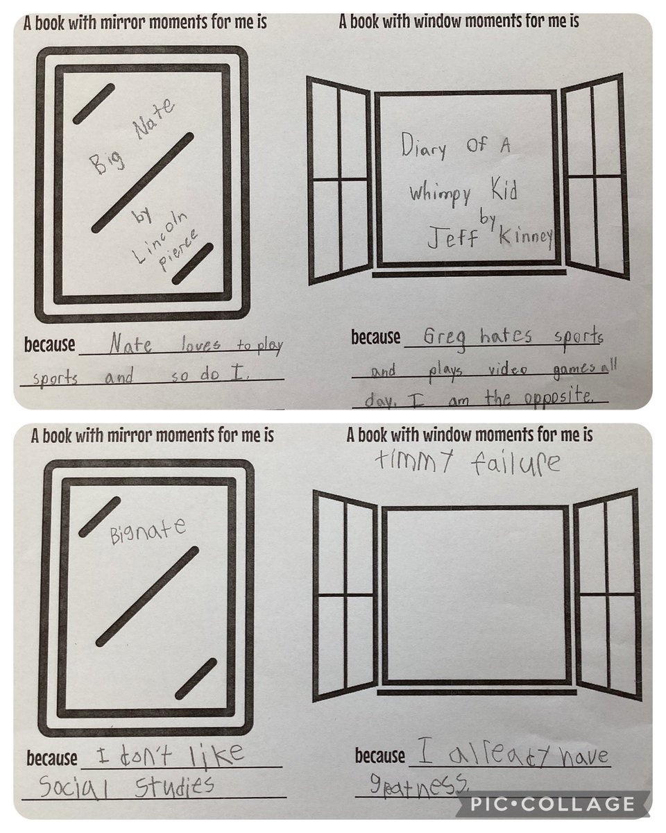 dancelibrarian's tweet photo. 4th and 5th graders are looking at their reading history and identifying books with mirror and window moments. I love student #2’s confidence! 😂 https://t.co/sDMc0iOkCD