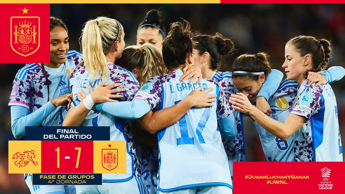 SEFutbolFem's tweet photo. 🏁 ¡𝗙𝗜𝗡𝗔𝗔𝗔𝗔𝗔𝗔𝗟 𝗘𝗡 𝗦𝗨𝗜𝗭𝗔!

🤩 La @sefutbolfem sigue sumando de tres en tres en la #UWNL y logra otro importante triunfo lejos de casa.

🇨🇭🆚🇪🇸 I 1-7 I 90+3'

#JugarLucharYGanar I #UWNL https://t.co/rNfKPDl5Vw