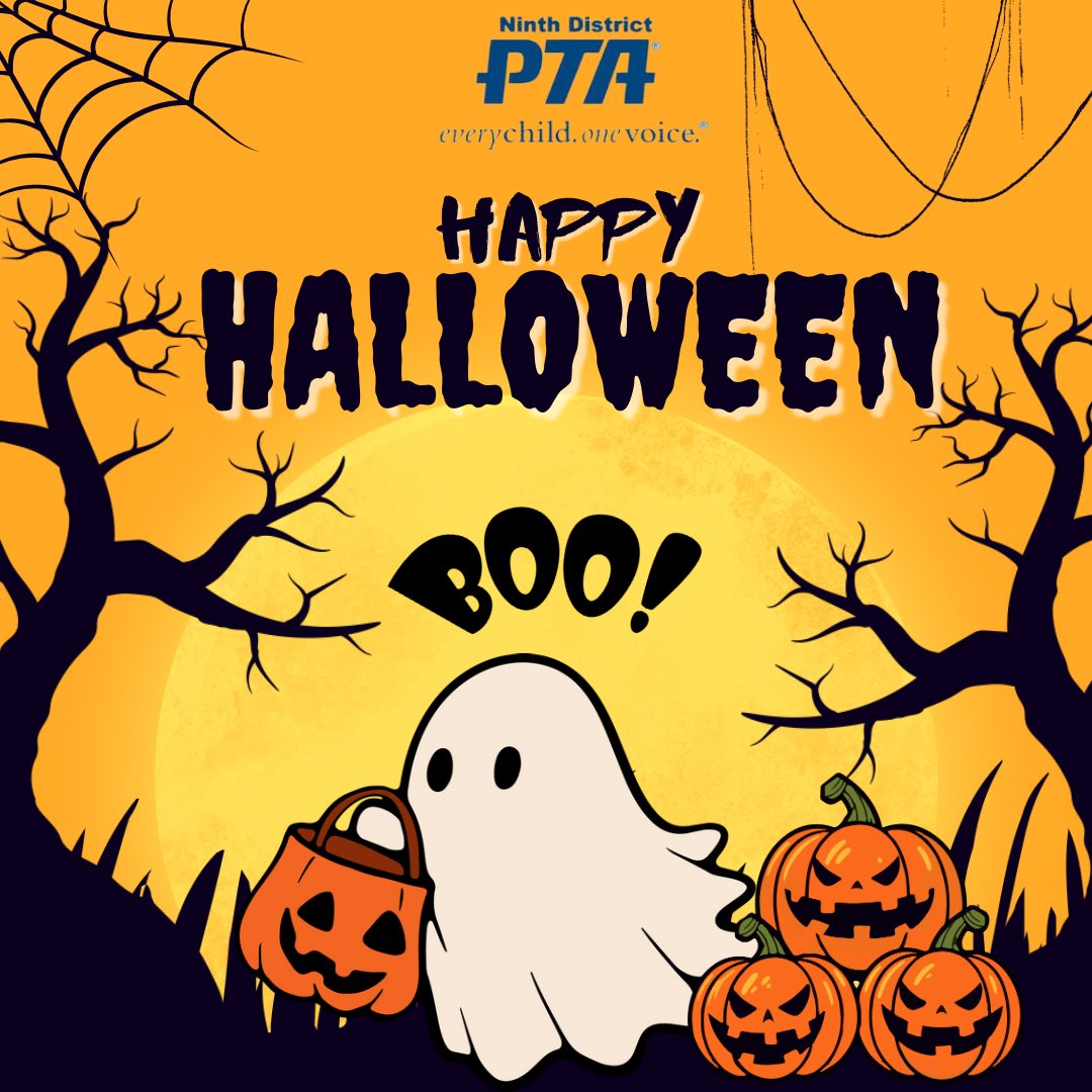 🎃 Happy Halloween Day from Ninth District PTA! 🎃

Boo, from our crew! The spookiest day of the year is upon us! We hope your Halloween is filled with many treats, inventive costumes, and merry community spirit. 🧡

👻Wishing all our families a fun and safe Halloween! 👻