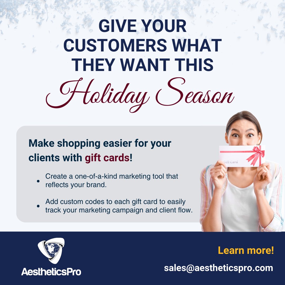 AestheticsPro2's tweet image. Get ready for the holiday season! Give your clients the gift of stress-free shopping with gift cards. With AestheticsPro&apos;s easy-to-use gift card feature, you can effortlessly track your holiday campaigns and customer flow. Don&apos;t miss out; message us for details!  #medspasoftware