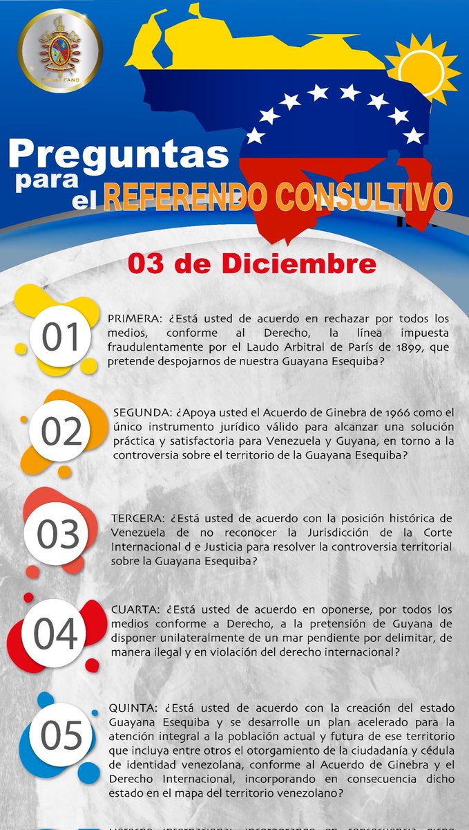 Estás son las 5 preguntas del Referendo Consultivo por la Guayana Esequiba del 3Dic. #5VecesSí
#ElEsequiboEsVenezolano #ElEsequiboEsNuestro