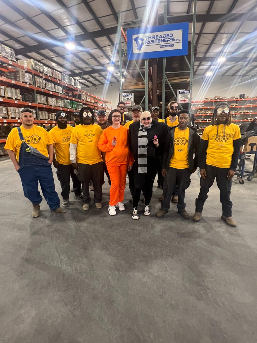 Thread_TFI's tweet photo. We may usually be nuts and bolts, but this Halloween, our Semmes Distribution team went bananas as Minions! 

It's a despicably hilarious sight to behold! They traded in their tools for bananas, and were making mischief, AND machinery today! 

#MinionsAtWork https://t.co/Ejv18SqaKg