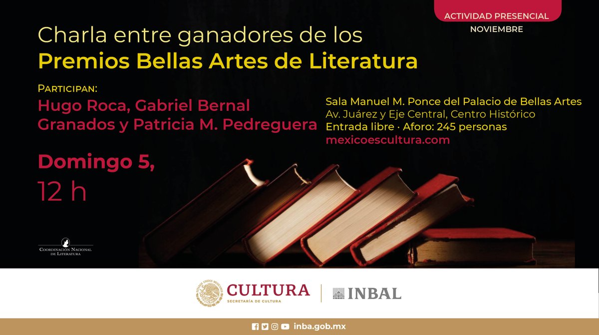 Literatura INBAL (@literaturainba) on Twitter photo ¡Únete a la conversación con los ganadores de los Premios Bellas Artes!
Conoce los secretos detrás de sus obras galardonadas en este conversatorio y descubre cómo lograron conquistar este premio.
🗓️ Domingo 5 de noviembre | 12 h
📍 Sala Manuel M. Ponce del <a href="/PalacioOficial/">PalaciodeBellasArtes</a>. ¡Únete a la conversación con los ganadores de los Premios Bellas Artes!
Conoce los secretos detrás de sus obras galardonadas en este conversatorio y descubre cómo lograron conquistar este premio.
🗓️ Domingo 5 de noviembre | 12 h
📍 Sala Manuel M. Ponce del <a href="/PalacioOficial/">PalaciodeBellasArtes</a>.