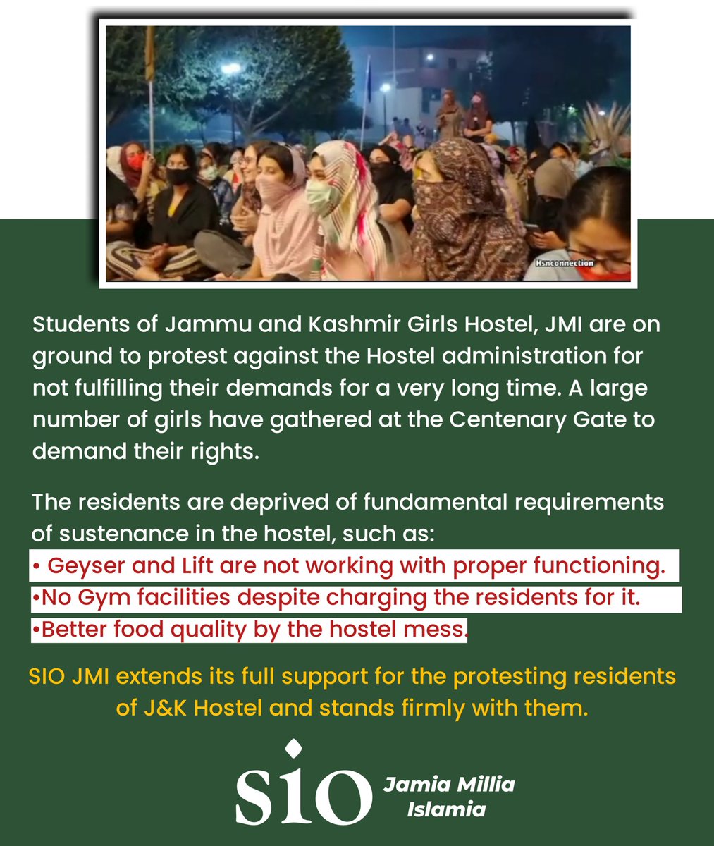 SIO - Jamia Millia Islamia (@siojamia) on Twitter photo Residents of J&K Girls Hostel, #JMI are on protest demanding their rights.
Such as:
-Geyser and Lift are not working with proper functioning.
-No Gym facilities despite charging the residents for it.
-Better food quality by the hostel mess.
<a href="/jmiu_official/">Jamia Millia Islamia (NAAC A++ Grade Central Univ)</a> <a href="/ugc_india/">UGC INDIA</a> Residents of J&K Girls Hostel, #JMI are on protest demanding their rights.
Such as:
-Geyser and Lift are not working with proper functioning.
-No Gym facilities despite charging the residents for it.
-Better food quality by the hostel mess.
<a href="/jmiu_official/">Jamia Millia Islamia (NAAC A++ Grade Central Univ)</a> <a href="/ugc_india/">UGC INDIA</a>