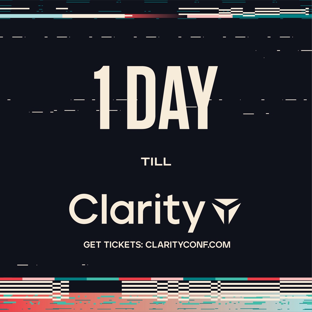 Clarity_conf's tweet image. Tomorrow is the big day! 🎉👏 ⁠Get ready to immerse yourself in an unforgettable experience of design, connection, and inspiration. ⁠Share your excitement, and let's make #Clarity2023 an event to remember! 🌟⁠ #Clarity #ReturnToForm #DesignSystems
