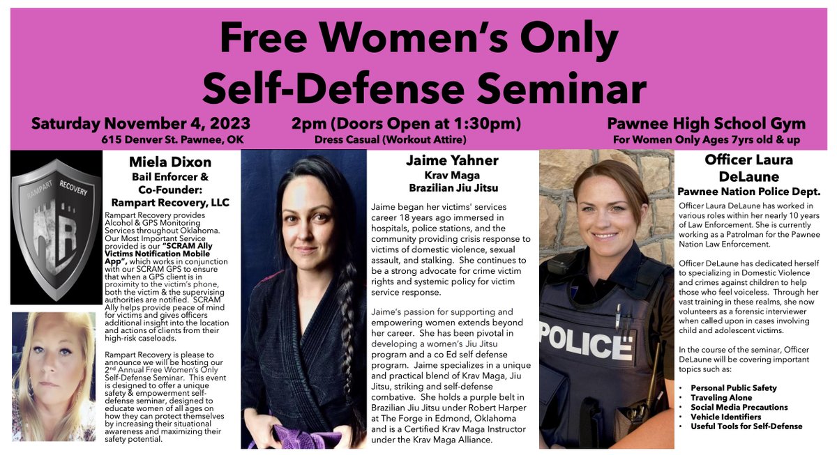 Good afternoon!
The 2nd Annual Free Women’s Self-Defense course is coming back to Pawnee! This event is open to WOMEN of all ages 7 and up! All physical capabilities are welcome to attend. 
REGISTRATION FACEBOOK LINK:
fb.me/e/1AutG3EFZ