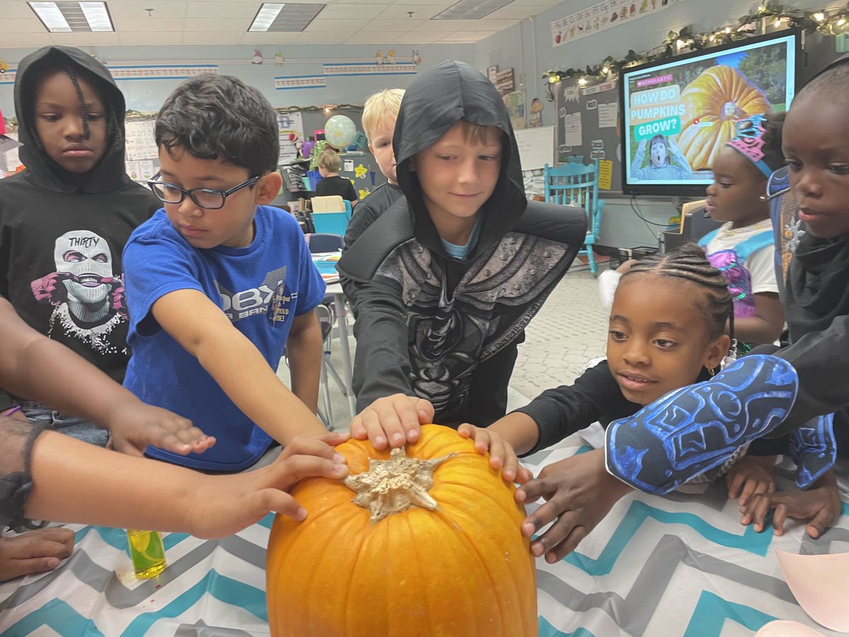 BethKF1966's tweet photo. Pumpkin fun in second grade makes for a perfect Halloween day. We described our pumpkin, then our jack o lantern and counted the seeds by grouping by tens. We also painted our own Littlest  Pumpkin.
#WeAreCuCPS #ccesdukes https://t.co/0DRnHxrJUV