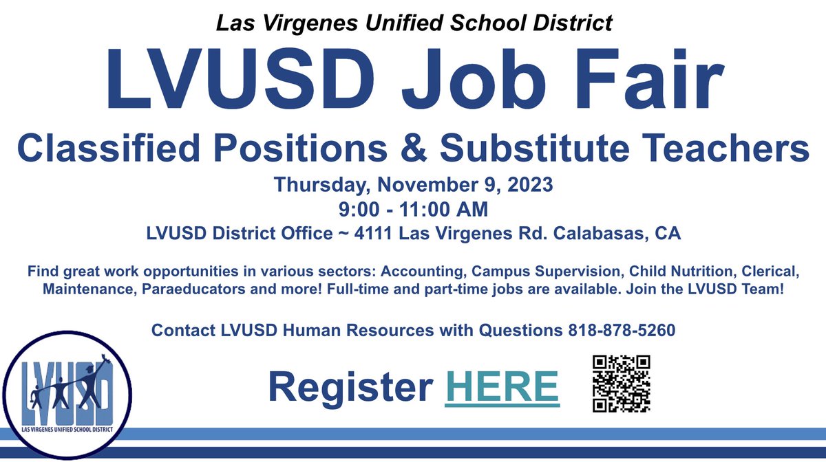 AgouraHS's tweet photo. LVUSD is hiring!!  Come to the LVUSD Job Fair this Thursday, 11/9 from 9-11am at the district.  #lvusdrocks #chargeon #jobfair https://t.co/a206FqBvgV