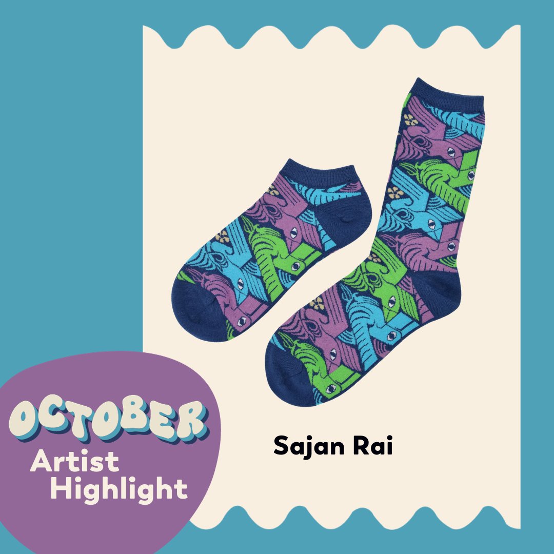 Meet the artist who designed the October Awesome Socks! Sajan Rai is a self-employed artist that enjoys producing colorful, unsettling and otherworldly pieces - primarily working digitally but with a keen interest in evoking traditional mediums.