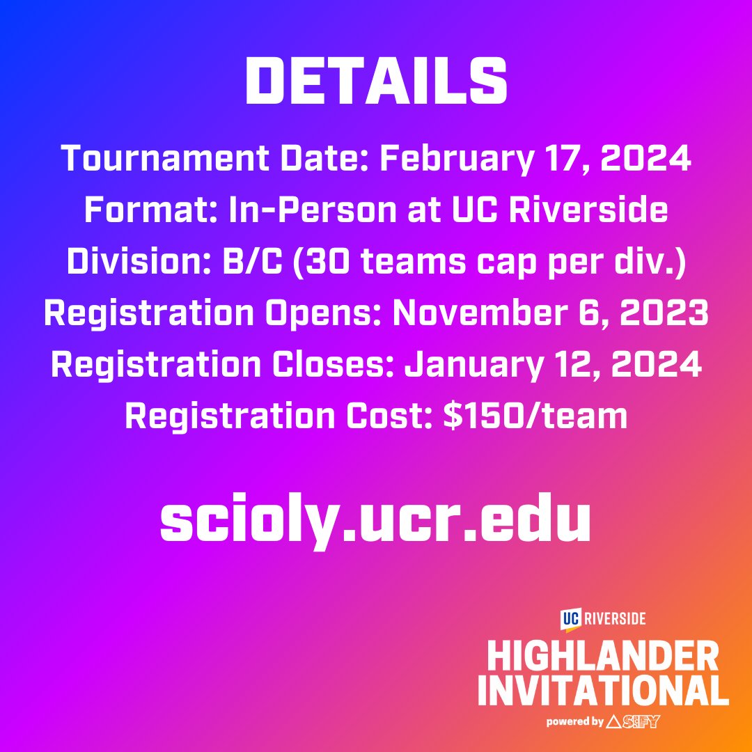 Let's try this again, shall we? 

Registration for the 2024 Highlander Invitational opens on Monday, November 6 at scioly.ucr.edu. 

#ucriverside #ucrscioly #STEM #scienceolympiad #HI2024 #scioly