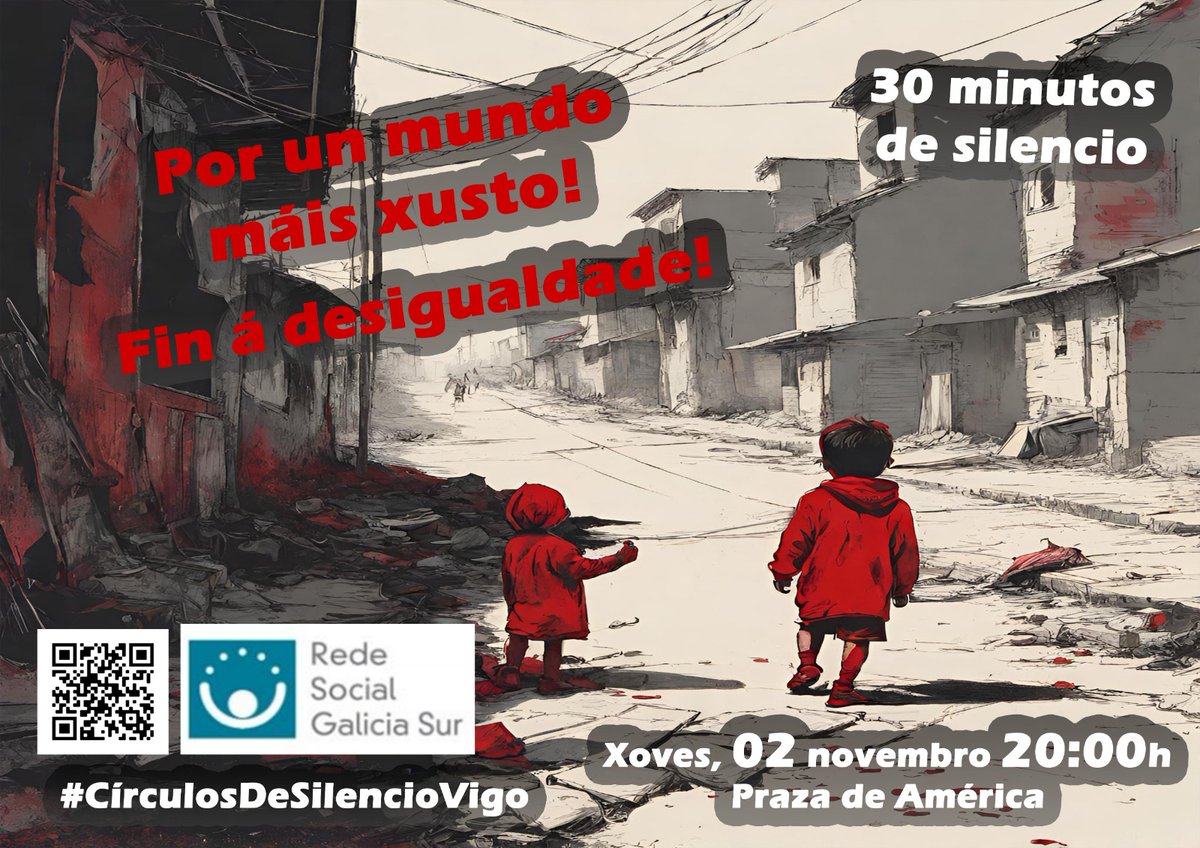 Convocamos un novo Círculo de Silencio o vindeiro xoves, 2 de novembro, ás 20:00. Desta vez será na Praza de América.
Con motivo da recente conmemoración do Día internacional para a erradicación da pobreza, o pasado 17 de outubro, e ante a recente traxedia polo incendio (👇)