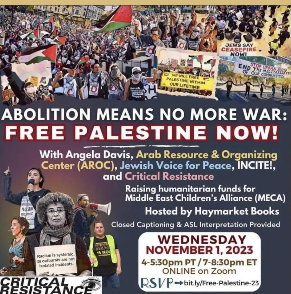 Proud to be endorsing @C_resistance's amazing work | Join their webinar ➡️ Abolition Means No War 🇵🇸

TOMORROW, 4 - 5:30 PM PT | w/ Angela Davis, <a href="/AROCBayArea/">AROC #FreePalestine</a>, <a href="/incitenews/">INCITE!</a>, <a href="/jvplive/">Jewish Voice for Peace</a>, &amp; Mohamed Shehk on how we can advance the Palestinian freedom struggle. 

criticalresistance.org/event/free-pal…