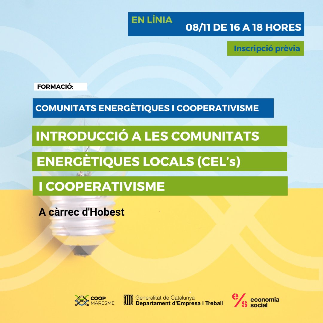 CoopMaresme's tweet image. 🟢 Saps què és una comunitat energètica local?

▶️ El proper 8 de novembre @hobest ens ho explicarà en aquesta formació bàsica sobre les CEL's.

📲 Més info: coopmaresme.cat/agenda/introdu…