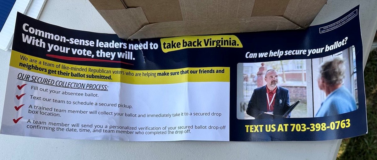 Miyares gives the OK for third-party ballot collection.

Not clear if it's related to a mysterious pro-GOP group  that has distributed flyers offering to drop off voters' ballots.

vpm.org/news/2023-10-3…