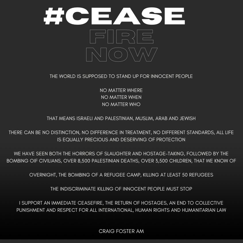 Craig_Foster's tweet photo. The world is supposed to stand up for innocent people. 

No matter where. 

No matter when. 

No matter who. 

I support an immediate ceasefire, an end to the killing of innocent people and respect for international, human rights and humanitarian law. https://t.co/TwvXHlkrwY