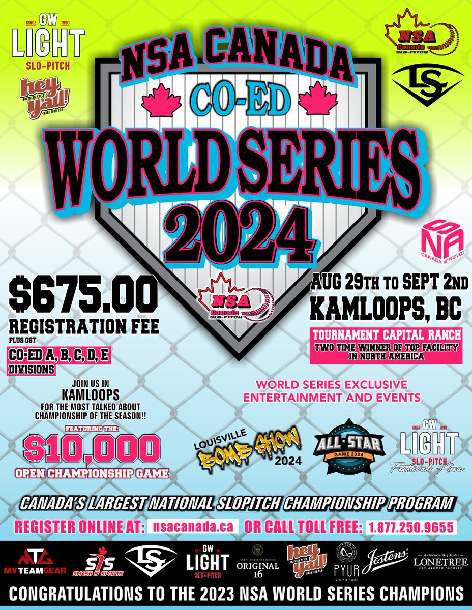 NSA Canada Slo-Pitch the largest national slo-pitch championship program is proud to announce: Registration is now open for the 2024 Co-ed World Series at Tournament Capital Ranch in Kamloops BC
"Built by Players for Players"
#NSA