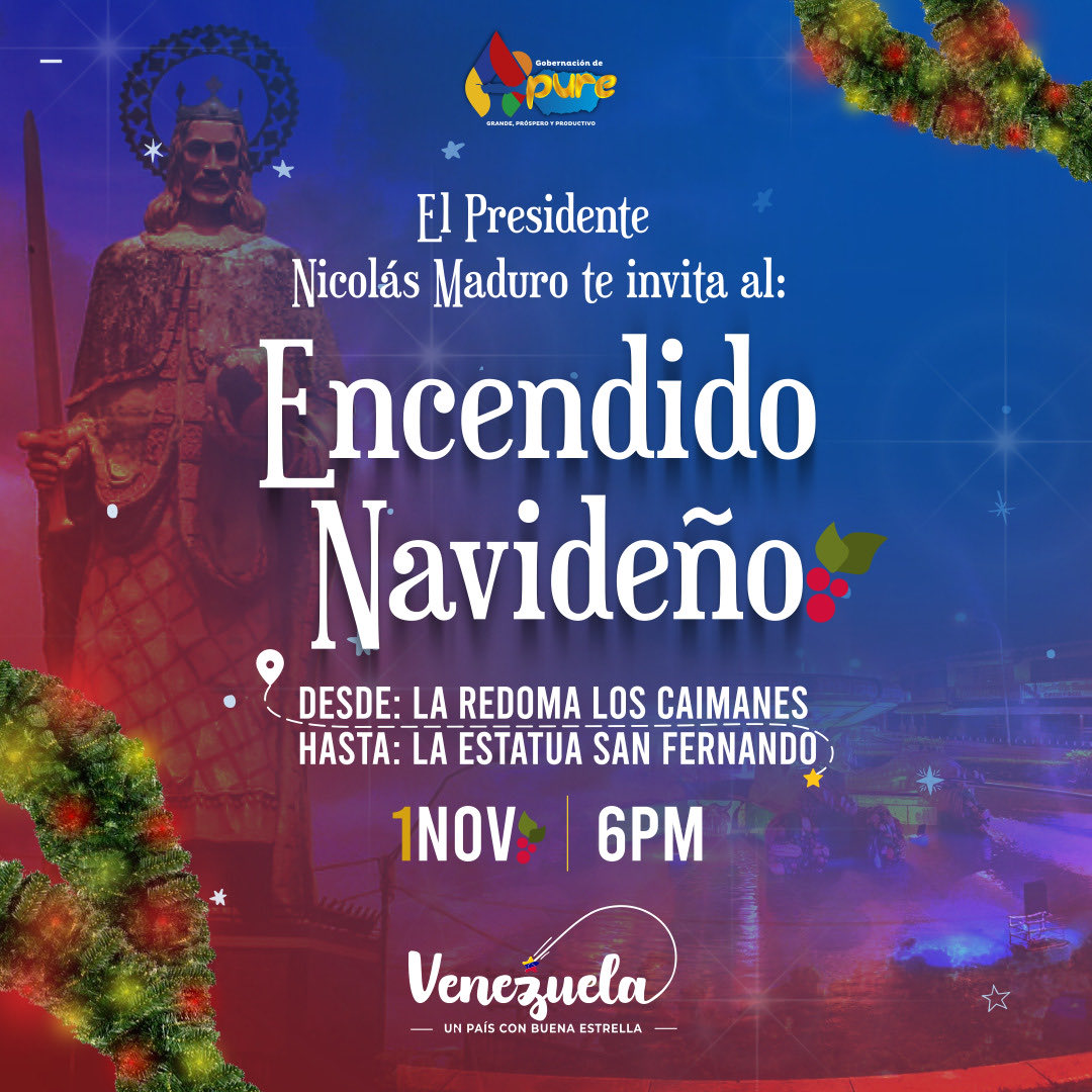 Vamos tod@s mañana 1 de noviembre al gran encendido navideño en el Paseo Libertador, desde la plaza de la Abundancia (redoma de los Caimanes) hasta la estatua de San Fernando. El presidente ⁦<a href="/NicolasMaduro/">Nicolás Maduro</a>⁩ nos invita al comienzo de las ciertas navideñas, l@s esperamos