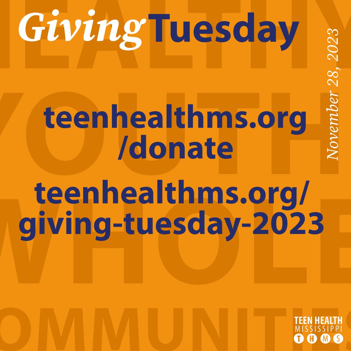 TeenHealthMS's tweet photo. Your gift will help us ensure more young people have access to the information and resources they need to make decisions for their health and lives. Swipe to see ways you can give to Teen Health Mississippi. https://t.co/6kdXf7k36H #TeenHealthMS #GivingTuesday https://t.co/dRMkPAEZFS