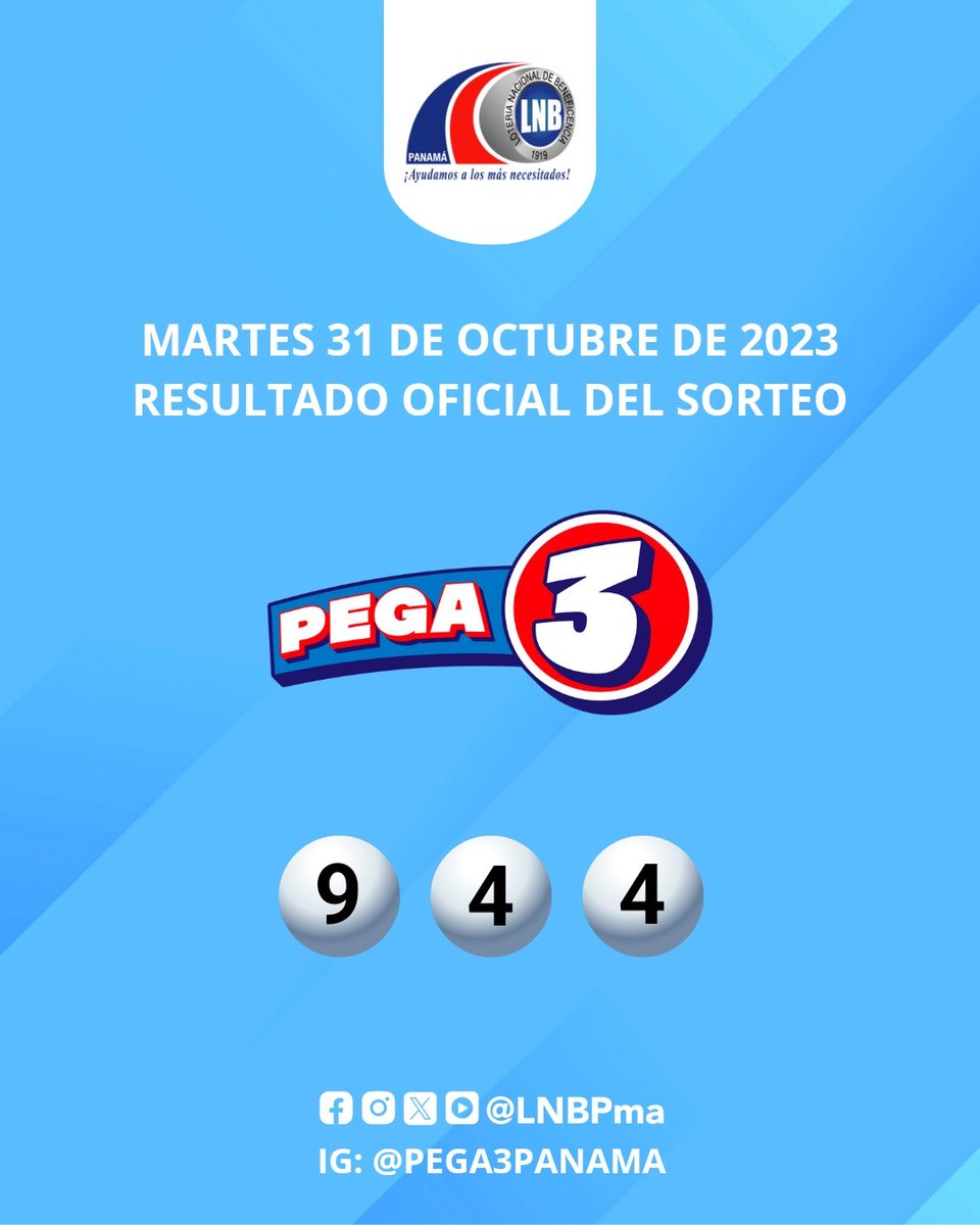 lnbpma's tweet photo. Resultado oficial del sorteo Pega3, martes 31 de octubre de 2023.

¡Felicidades a los ganadores! 🎉 #LNBPma
IG: @pega3panama
@lnbpma https://t.co/tjJFjopjpl