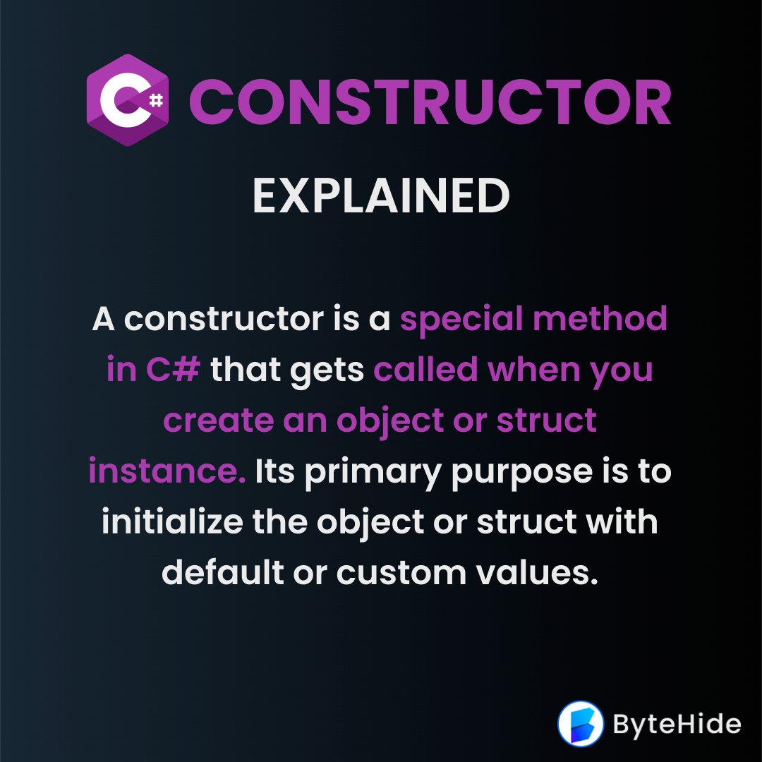 byte_hide's tweet image. 4/8🧵: A constructor–what's that? 👀 It's a special method in C# called when you create an object or struct instance, to initialize with default or custom values. They can be divided mainly into two types: Default and Parameterized constructors. 🛠️ #CSharp #ProgrammingConcepts