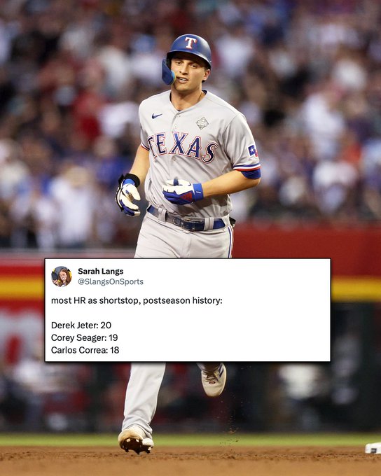 Corey Seager rounds the bases after a home run in a road gray Rangers uniforms with blue and red lettering. A Sarah Langs post is overlayed on the photo: Most HR as shortstop, Postseason history: Derek Jeter: 20 Corey Seager: 19 Carlos Correa: 18