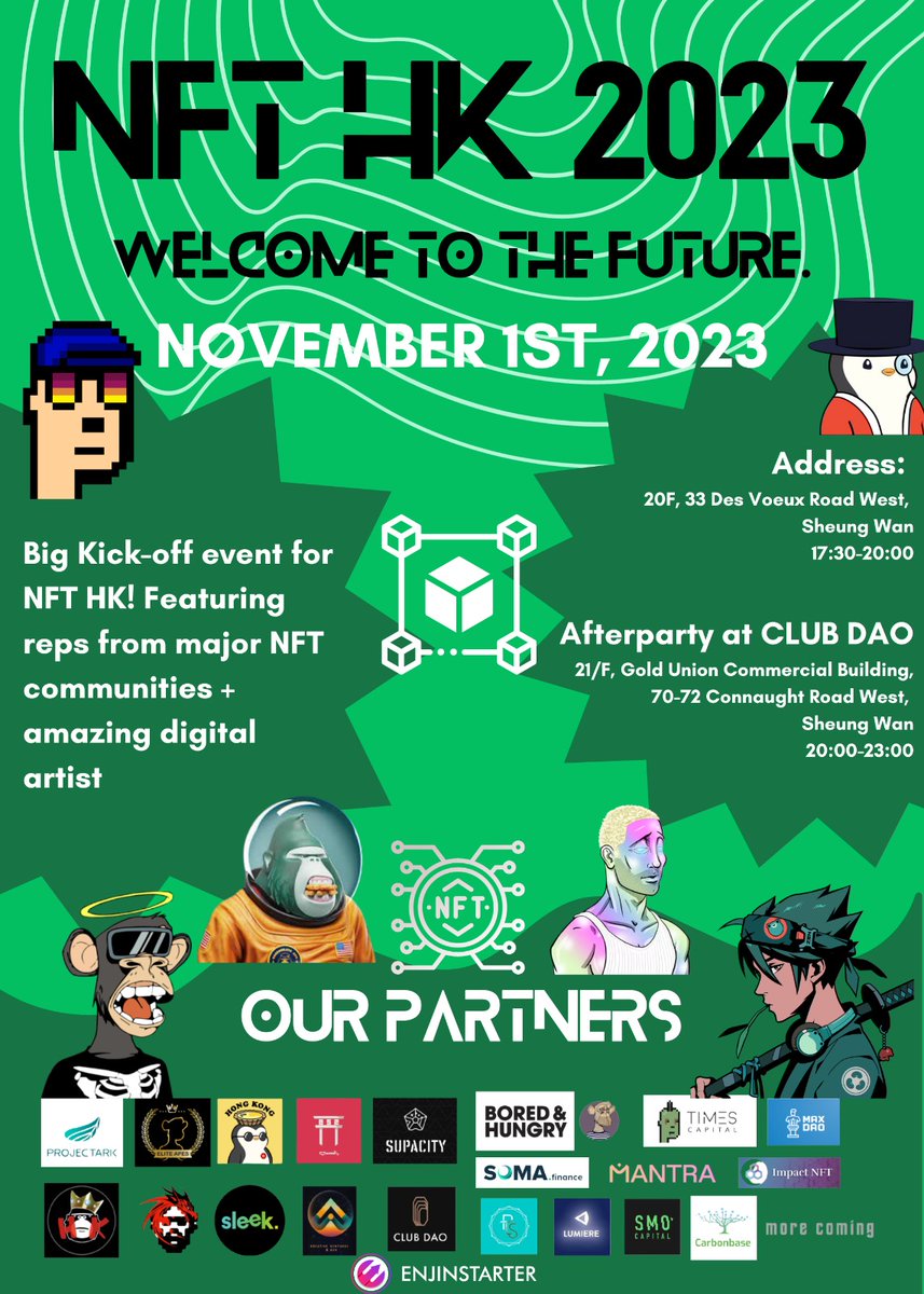 🎨🚀 Exciting news for all NFT enthusiasts! Join us today November 1st, 2023, at NFT HK 2023 – THE event of the year! 🔥

With our partners: <a href="/Pericarus/">Max Song (🌎, 🌍, 🌏)</a> @weareprojectark <a href="/impactnft4all/">ImpactNFT Alliance</a> <a href="/SOMA_finance/">SOMA.finance | US Regulated Tokenization</a> <a href="/MANTRA_Chain/">MANTRA | The EVM L1 for RWAs</a> @Sleekcard <a href="/Azuki/">Azuki</a> @hkgdao_ <a href="/card3_ai/">Card3</a> <a href="/SMOCapital/">SMO Capital</a> <a href="/carbonbaseco/">Carbonbase</a> and