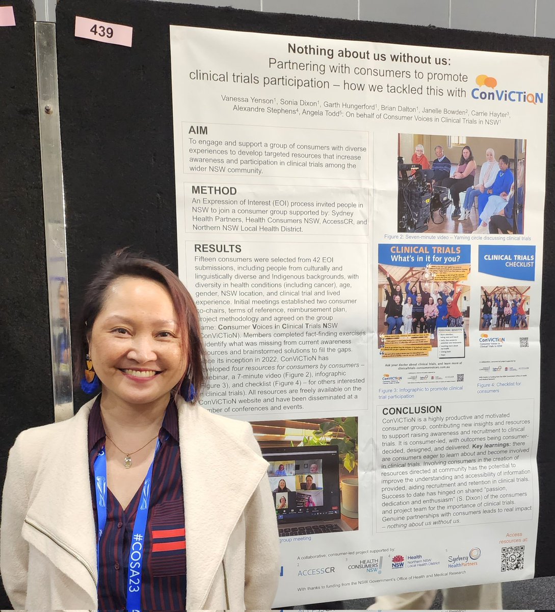 #ConViCTioN poster at #COSA2023.
Consumer Voices in Clinical Trials in NSW.
Nothing about us without us.
