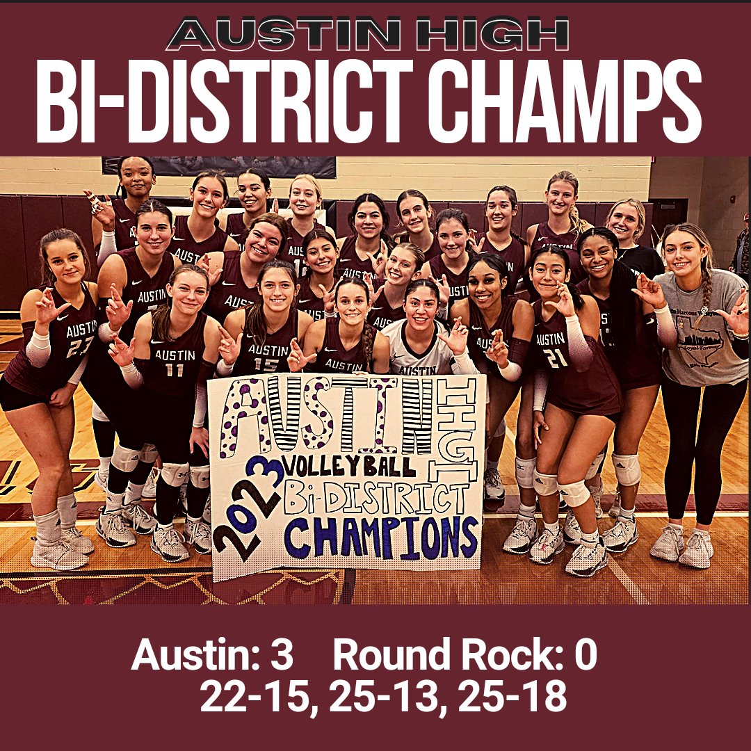 Bi-District Champions! Austin beat Round Rock in the Bi-District round of UIL 6A playoffs. 

Next match is TBD (either Thursday, Friday, or Saturday). 

#GoMaroons #LoyalForever #ahsvball #txhsvb #volleyball