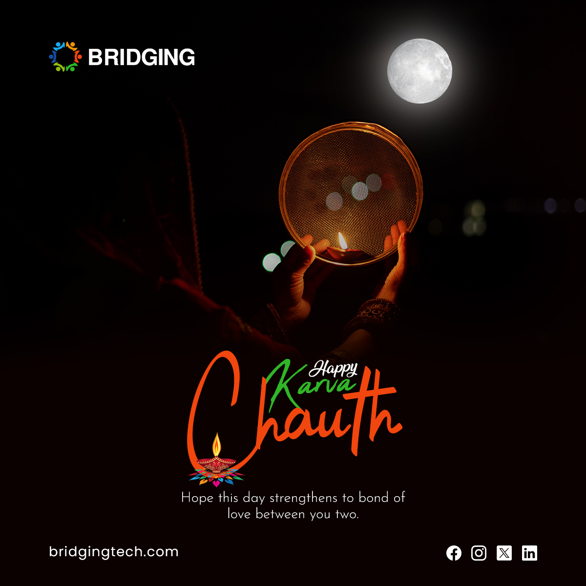 Let's celebrate the bond of love and the promise of companionship till eternity this #KarwaChauth. At Bridging, we cherish the traditions that bring us closer. Wishing all the couples a day filled with love and a lifetime of togetherness! 
#BridgingHearts  #MoonlitLove