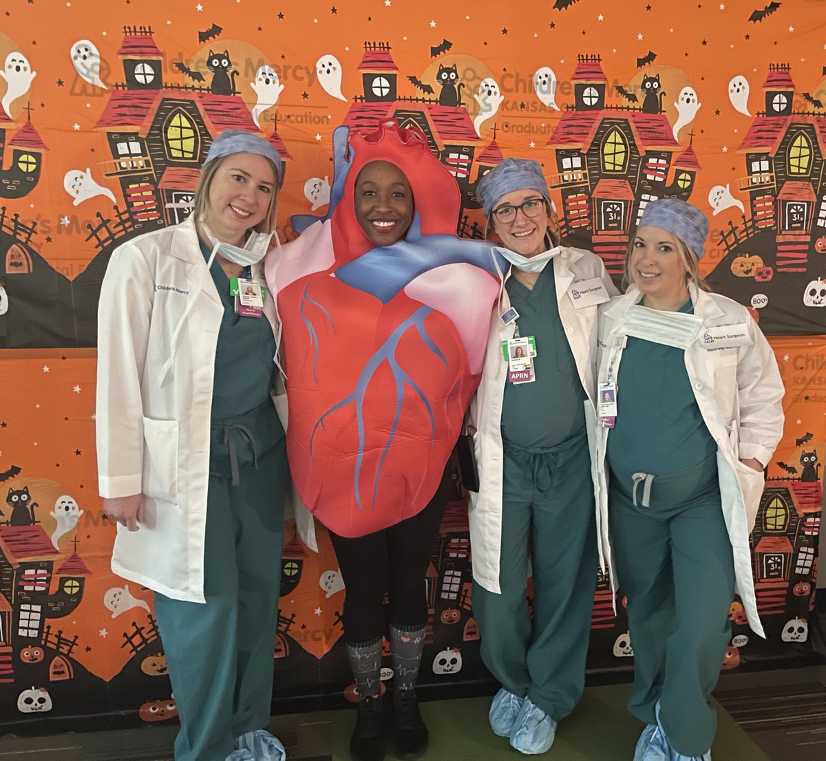 No one had to question what service we were with today 😂. I was very impressed with how anatomically correct this heart was &amp; my heart was in good hands with these “surgeons”. Embracing the Halloween fun at work was a blast! <a href="/ChildrensMercy/">Children's Mercy</a>