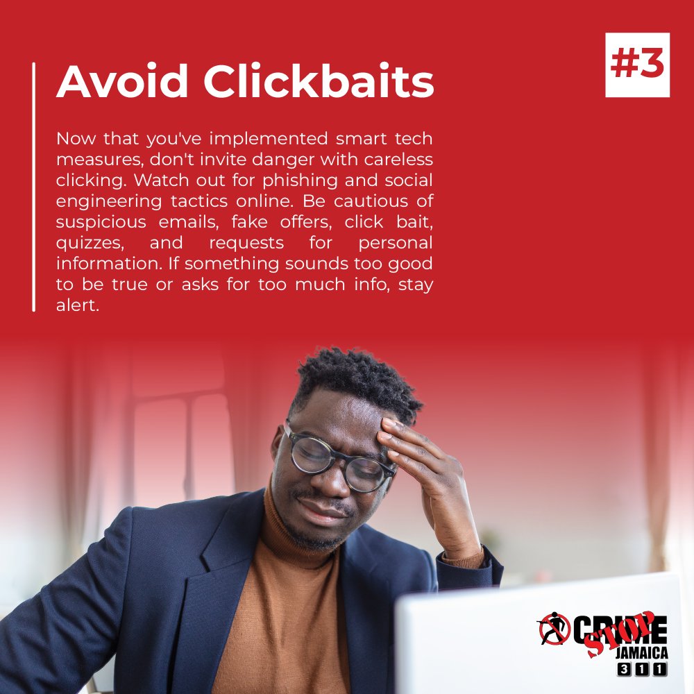 Tips Tuesday: Avoid Clickbaits! 💻 Don't fall for phishing or social engineering traps. Be cautious with suspicious emails, fake offers, click bait, and requests for personal info. If it sounds too good to be true or asks for too much, it might be a scam. #OnlineSafety #CrimeStop
