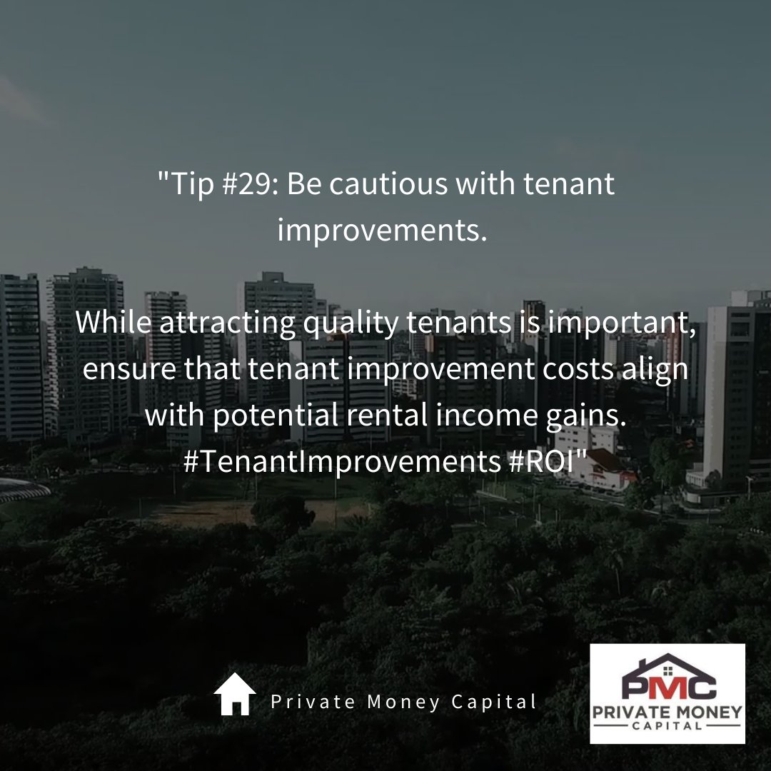 privatemoneycap's tweet image. Tip #29: Be cautious with tenant improvements. While attracting quality tenants is important, ensure that tenant improvement costs align with potential rental income gains. #TenantImprovements #ROI