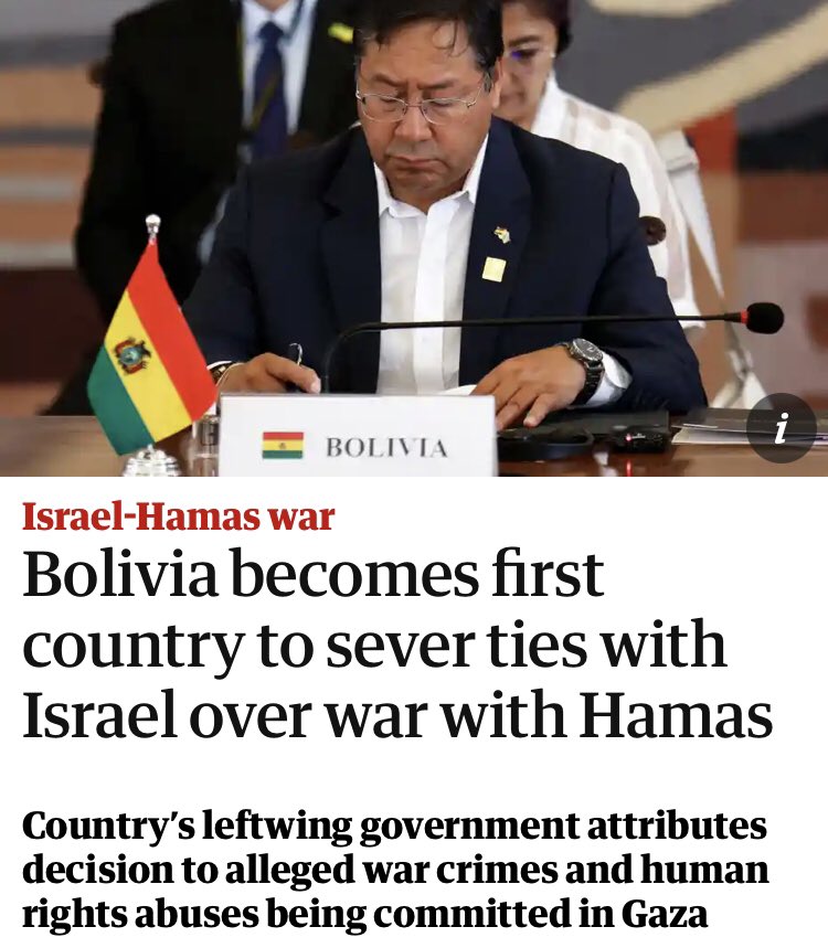 mxmovement's tweet photo. Thank you Bolivia! After more than 3 weeks of genocide in #Gaza, Bolivia becomes first country to sever ties with the Israeli state. #DefendGaza #GlobaliseTheIntifada https://t.co/0GCWYKEbwx