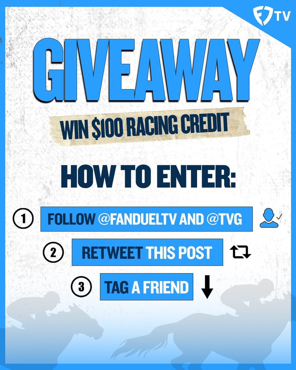 FanDuel_Racing's tweet photo. 🚨 GIVEAWAY🚨 
The Breeders' Cup 🏇 is here, so we're giving away $100 racing credit! To enter: 
1⃣Follow @FanDuelTV AND @TVG
2⃣Repost this 
3⃣Tag a friend  

1 random winner will be selected on 11/9 
Rules: https://t.co/XD516knHIn https://t.co/3sGq1eyf1H