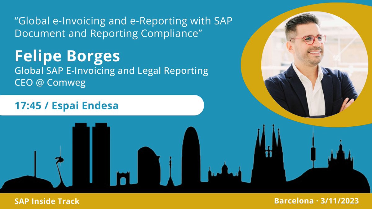 sitbarcelona's tweet photo. ๐๏ธ Friday, 3rd november ๐ 17:45 - 18:15
Global e-Invoicing and e-Reporting with SAP Document and Reporting Compliance" by Felipe Borges, Global SAP e-Invoicing and Legal Reporting, CEO
#Comweg ๐๐ป https://t.co/RUbWAS0OQY
#SITBCN #SAP https://t.co/BnSKXNkMDL