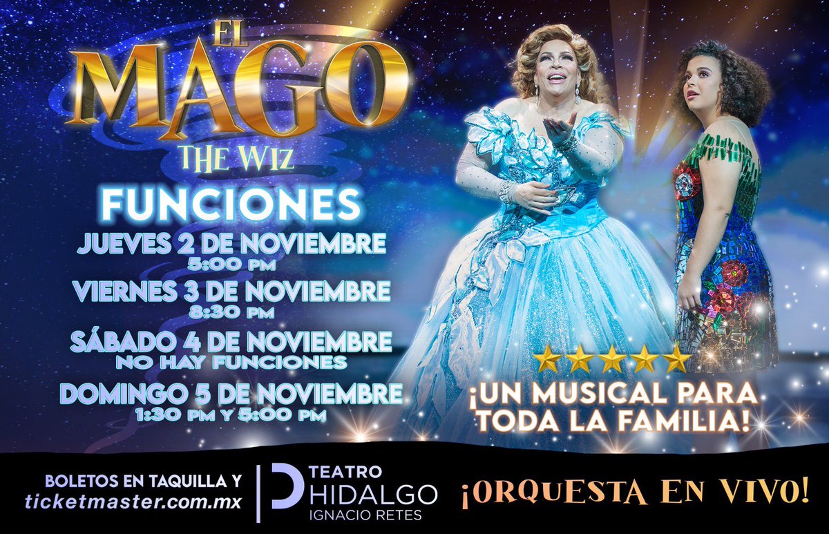 Los esperamos este fin de semana en “El Mago”. Funciones especiales:
Jueves 2 5:00 PM
Viernes 3 8:30 PM
Domingo 5 1:30 y 5:00 PM
Boletos en la taquilla del Teatro Hidalgo y <a href="/Ticketmaster_Me/">Ticketmaster México</a> ticketmaster.com.mx/el-mago-the-wi…