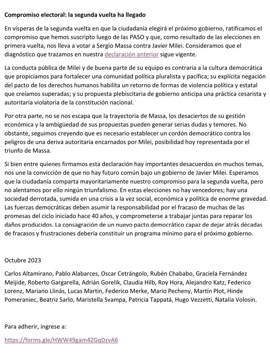 SvampaM's tweet photo. Nuestra declaración y compromiso de cara el balotaje https://t.co/ZscJ3ycd2c