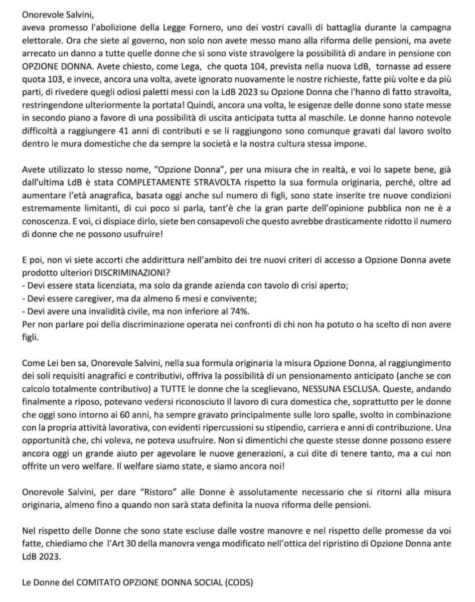 Le donne del CODS scrivono a Salvini: modificate l'art. 30 della manovra nell'ottica del ripristino di Opzione Donna ante LdB 2023 @matteosalvinimi @LegaSalvini #opzionedonnastessirequisiti2021 #rimediaresidevesipuò