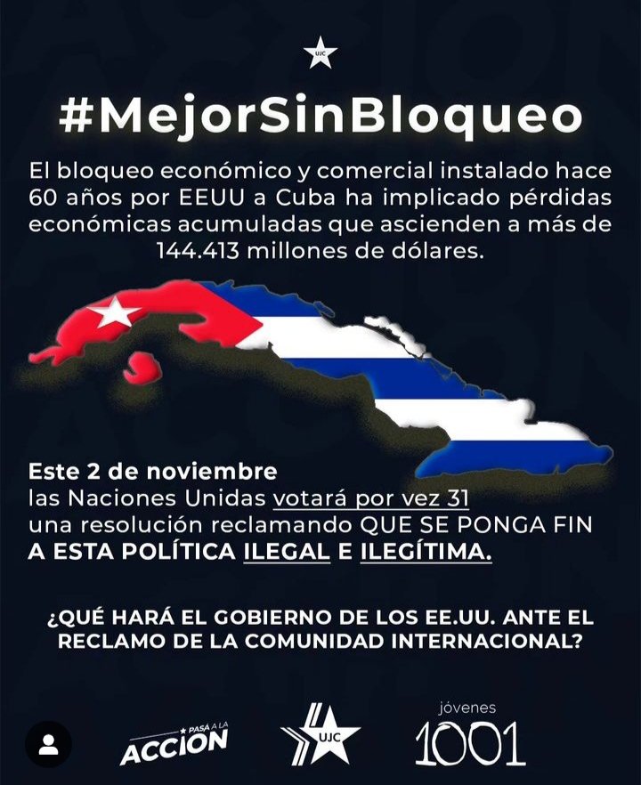 EmbaCubaUruguay's tweet photo. La @ujc_uy 🇺🇾 se une al reclamo mundial 🌍 por una #Cuba 🇨🇺 #MejorSinBloqueo. 
Los días 1 y 2 de noviembre, la ONU 🇺🇳 considerará nuevamente el tema y se votará resolución cubana 🆚 está política genocida impuesta por EEUU. @cubavsbloqueo https://t.co/pFigcejufp