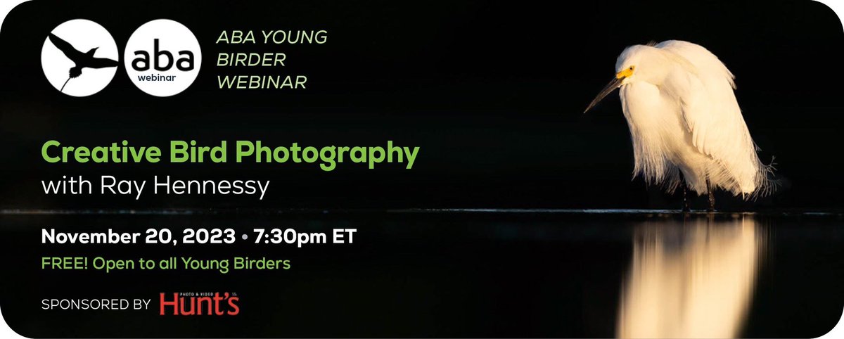 ABA WEBINAR ALERT: Creative Bird Photography with Ray Hennessey Learn techniques to take your bird photography from documentary to artistic with photographer Ray Hennessey. Register here: us06web.zoom.us/meeting/regist… (Hosted by Hunt’s Photo and Video)