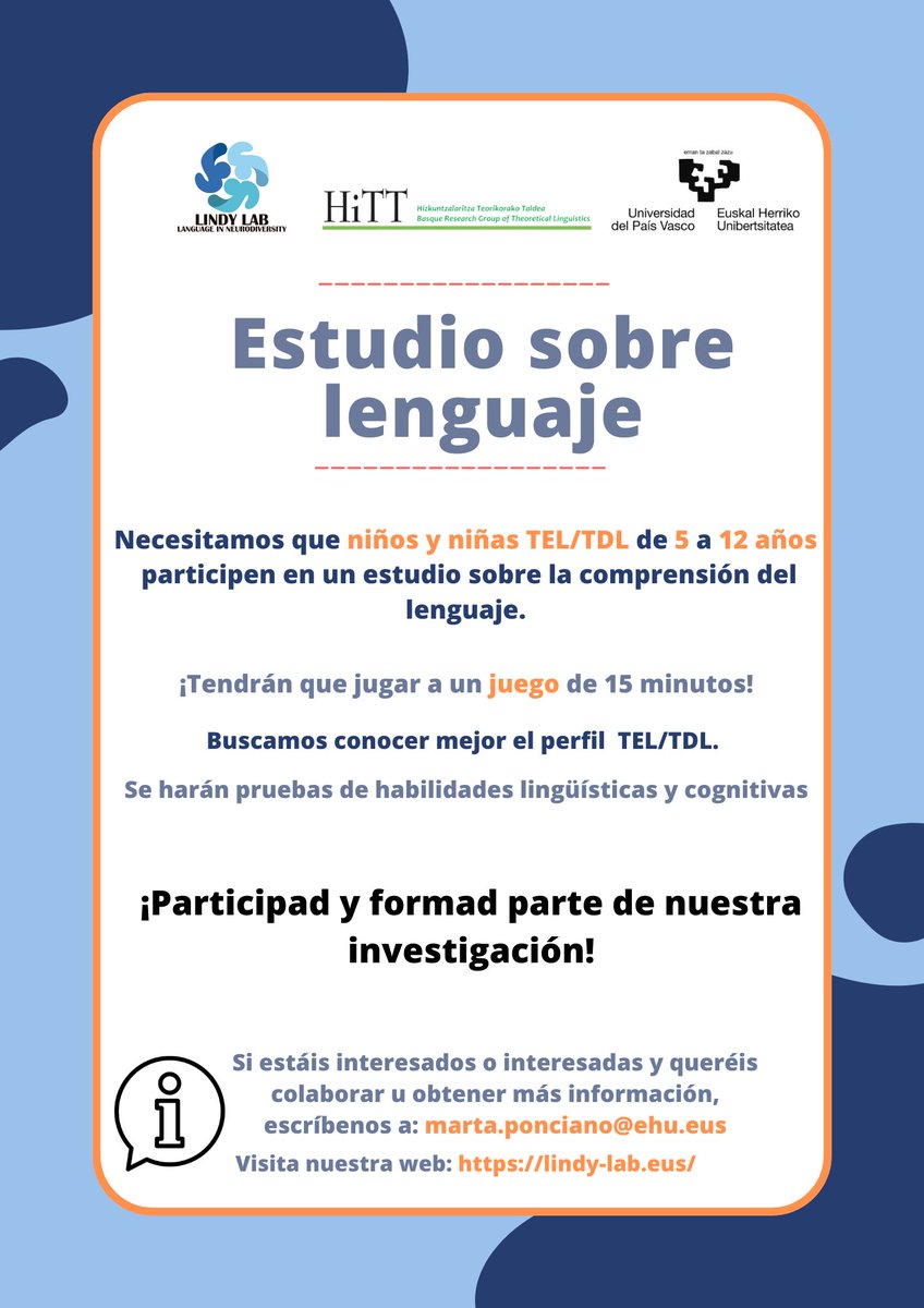 Estudio sobre lenguaje
lindy-lab.eus
<a href="/LindylabAutism/">Lindy Lab</a> <a href="/upvehu/">UPV/EHU</a>
#movimientoTEL
<a href="/VitalFundazioa/">Fundación Vital</a> <a href="/vitoriagasteiz/">Vitoria-Gasteiz!</a> <a href="/Araba/">Arabako Foru Aldundia | Diputación Foral de Álava</a> @eusko_jaurlaritza @laudiokoudala <a href="/Gipuzkoa/">Gipuzkoa</a> <a href="/DonostiakoUdala/">Donostiako Udala</a>