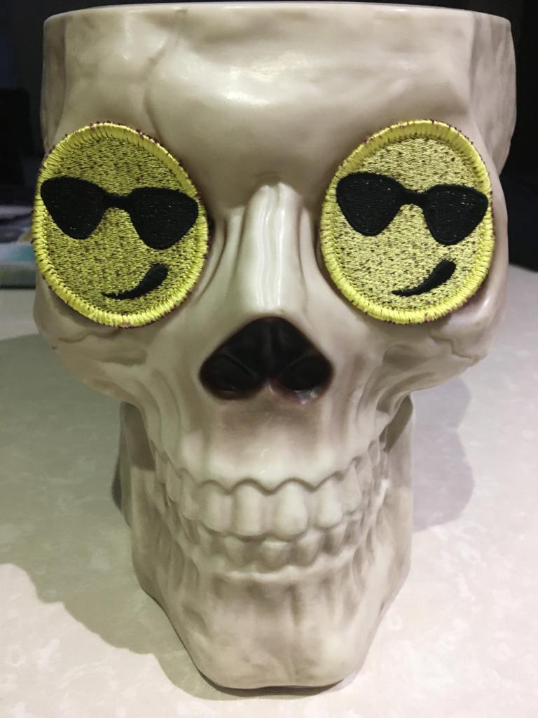 Trashchangers's tweet photo. Mwahahahaha! Happy Halloween from Bobby the skeleton who is the first to wear the new Trash Changers cool dude, smiley face patches that we are making… 
Don’t forget Waste Wednesday tomorrow! @palace_wood https://t.co/QtRT2Ow8Pb