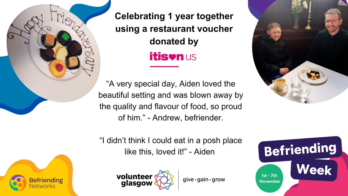 vgbfriendmentor's tweet photo. Day 1 of #BefriendingWeek2023! It's time to break out the confetti and party hats as we celebrate one year since Aiden and Andrew have been matched! 
Happy 1st Befriendaversary! 🥳
@volunteerglasgo @TNLComFundScot @BBCCiN
@befriendingnet @GCHSCP @TSIScotNet
#itisonus @itisoncom https://t.co/PGEWztioKj