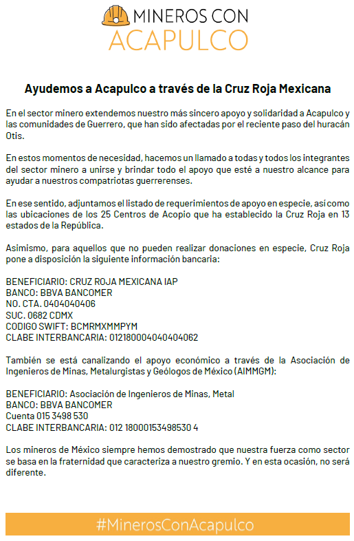#Comunicado #MinerosConAcapulco #HuracanOtis #Solidarid #OrgullosamenteMineros #MinerosUnidos #AcapulcoNosNecesita #GuerreroEstamosContigo <a href="/AIMMGM_Nacional/">AIMMGM Nacional</a> <a href="/ClusterDeSonora/">Clúster Minero de Sonora</a> <a href="/ClusterMinOrg/">Clúster Minero de Zacatecas</a> <a href="/Clumin_Chih/">Cluster Minero de Chihuahua AC</a> <a href="/ClusMinGuerrero/">Cluster Minero de Guerrero</a> <a href="/clusminbajio/">Clúster Minero del Bajío</a> <a href="/cimmgm/">CIMMGM, A.C.</a>