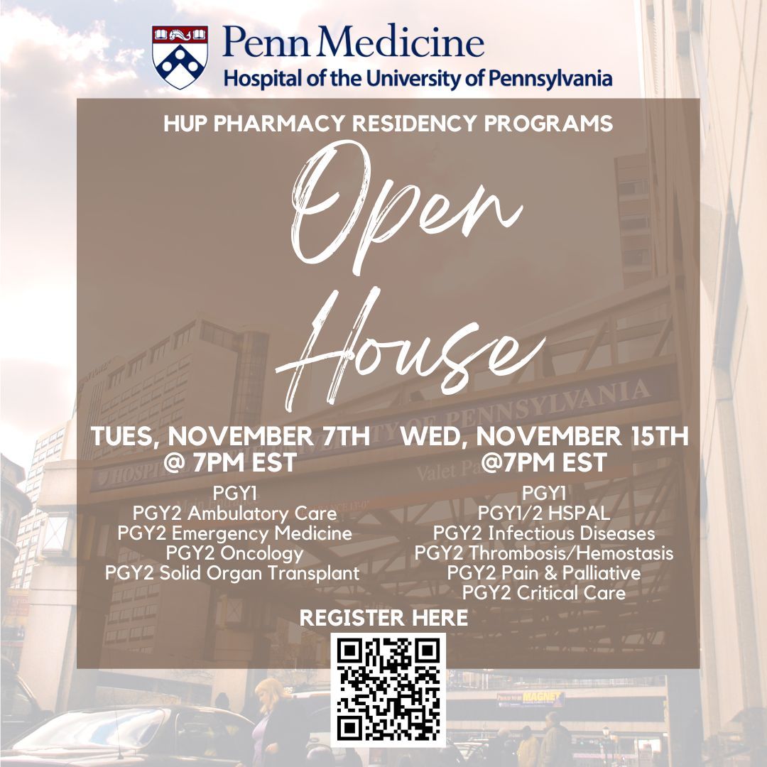 Come learn more about our programs at our Virtual Open House! This is a great chance to meet our current residents and leadership, especially if you won't be attending Midyear! 

✍️ Register here!  
buff.ly/45QaKWx

#TwitteRx #HUP #PharmacyResidency