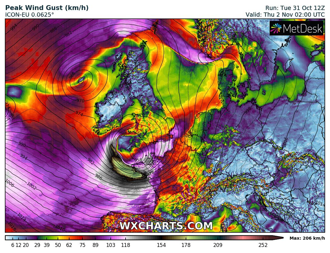 #StormCiarán will bring the greater risks of potentially damaging winds to affecting the parts of Brittany, NW France, peak wind gusts of 125mph. These will be topping 100-115mph as the storm moves across the Channel Islands for Guernsey and Jersey.