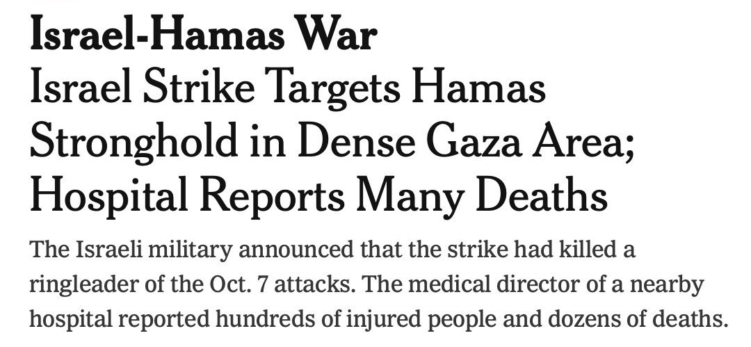 BazziNYU's tweet photo. The @nytimes is entirely capable of writing direct headlines — when Israel is not the aggressor.

Here are a few examples to contrast with today's headline describing Israel's attack on the Jabaliya refugee camp in Gaza: https://t.co/1lvAtOdbEP