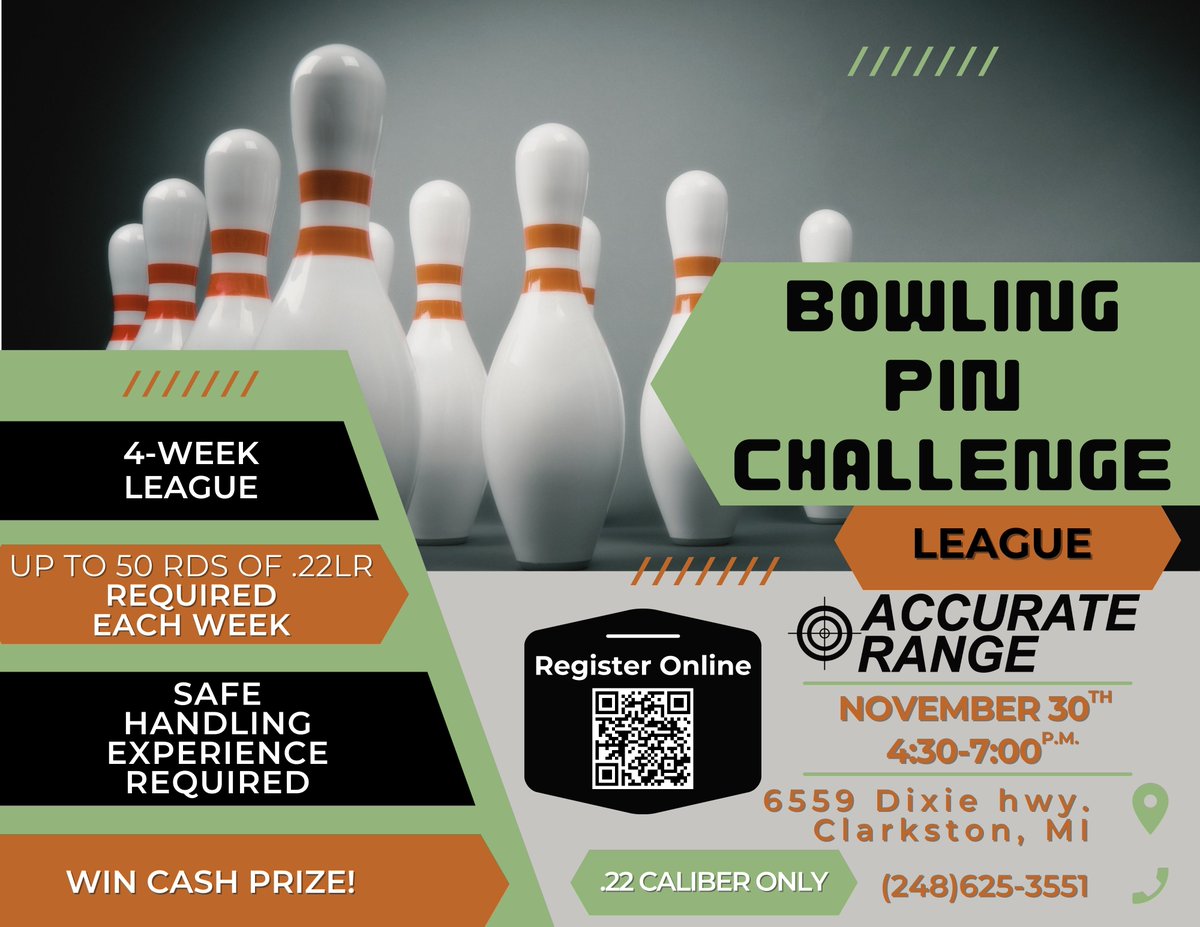 accur8firearms's tweet photo. Our popular Bowling Pin Challenge League is BACK!
Register at the link below or over the phone at (248)625-3551.
https://t.co/zY0BYTVkdz https://t.co/Hy6Z3BkVew